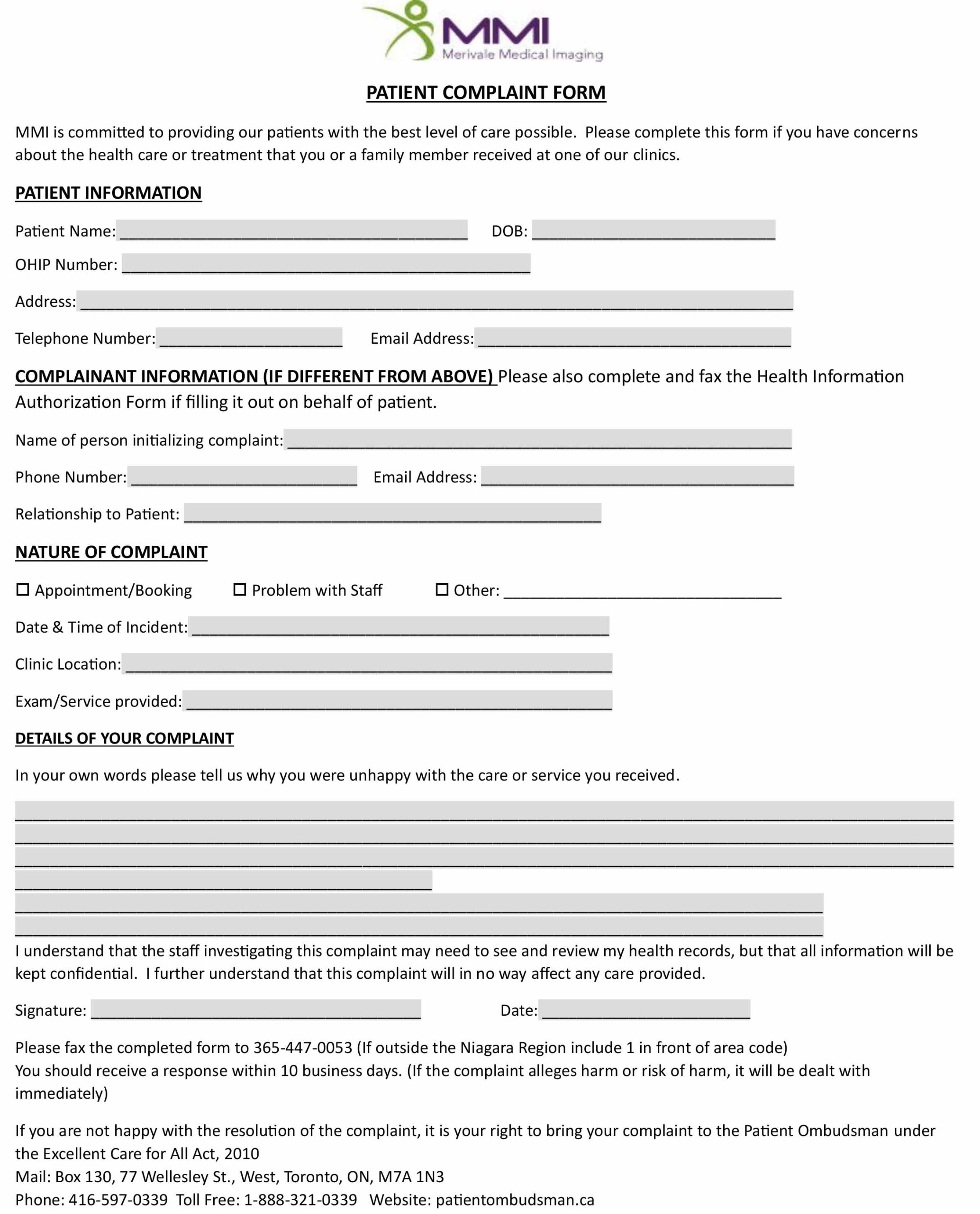 PATIENT COMPLAINT FORM